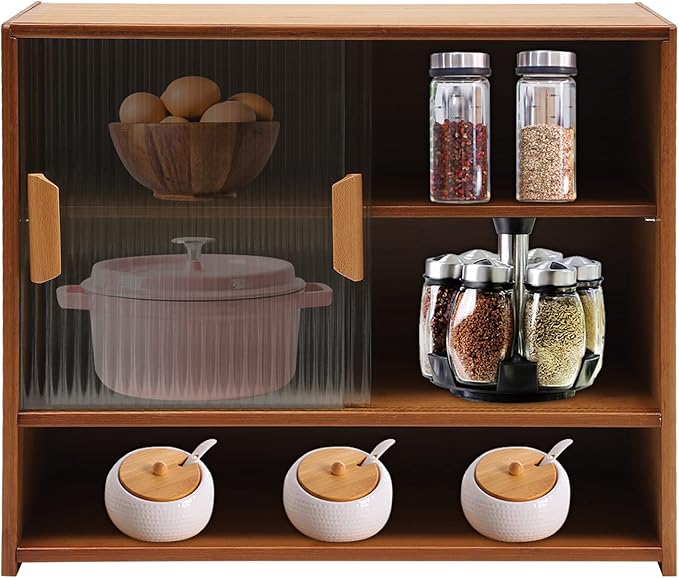 OUKANING 3 Tiers Small Bamboo Kitchen Pantry Sideboard with 2 Sliding Striped Glass Doors, Freestanding Kitchen Pantry Cabinet for Bottle, Dish, Bowl Console Dining Cupboard, Tea-Colored