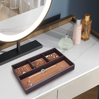 GORESE Faux Leather Valet Tray for Men, Stackable Jewelry Organizer for Drawers Inserts, Nightstand Caddy Tray for Key, Wallet, Sunglass, Watch, Coin, Phone, Bedside Desktop Storage Brown