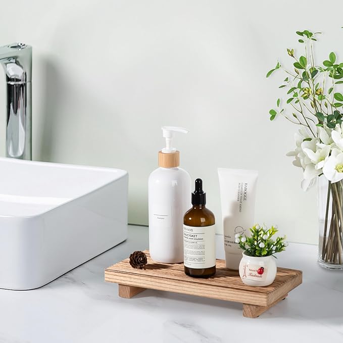 Bathroom Tray Farmhouse Decor Pedestal Stand Wood Riser Display Kitchen Accessories Soap Holder for Sink, Counter, Vanity,10 * 4.5 Brown