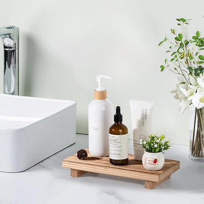 Bathroom Tray Farmhouse Decor Pedestal Stand Wood Riser Display Kitchen Accessories Soap Holder for Sink, Counter, Vanity,10 * 4.5 Brown