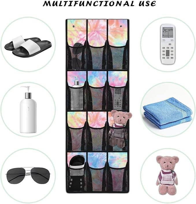 12-Pocket Behind The Door Storage Organizer, Oxford Material Waterproof Foldable and Designed for Bathroom Pantry or Bedroom Use, Coloured Tie Dye