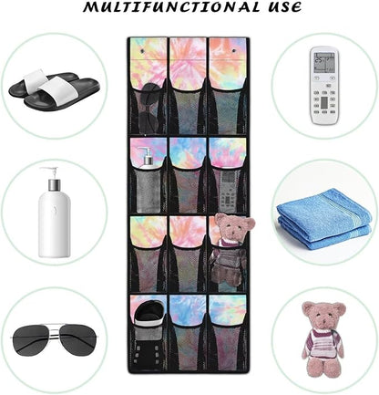 12-Pocket Behind The Door Storage Organizer, Oxford Material Waterproof Foldable and Designed for Bathroom Pantry or Bedroom Use, Coloured Tie Dye
