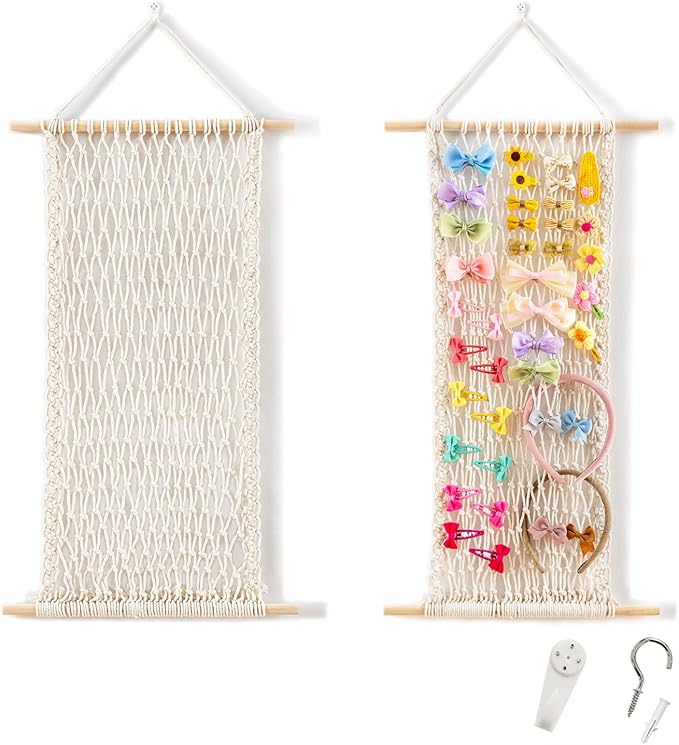 Pretty Jolly Macrame Hair Clips Accessories Organizer Hairbow Holder Rack for Girl Clips Storage Claw Clip Ornaments Keeper for Girls Room Wall Hanging Decor(Beige)