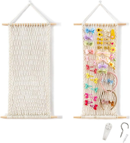 Pretty Jolly Macrame Hair Clips Accessories Organizer Hairbow Holder Rack for Girl Clips Storage Claw Clip Ornaments Keeper for Girls Room Wall Hanging Decor(Beige)
