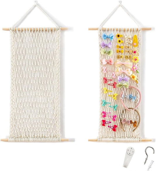 Pretty Jolly Macrame Hair Clips Accessories Organizer Hairbow Holder Rack for Girl Clips Storage Claw Clip Ornaments Keeper for Girls Room Wall Hanging Decor(Beige)