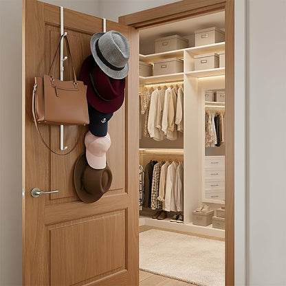 MyGift 2 Pcs Over The Door Hat Organizer, Door Hanger Hat Rack Display Storage, 5 Hooks Heavy Duty, for Coat, Scarf, Purse, White Metal