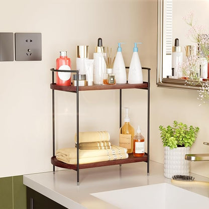 REFGY 2-Tier Bathroom Counter Organizer, Solid Wood-Texture Countertop Storage Shelf for Vanity Decor, Versatile Spice Rack & Coffee Bar Accessories, Non-Slip Makeup Organizer for Bedroom, Brown
