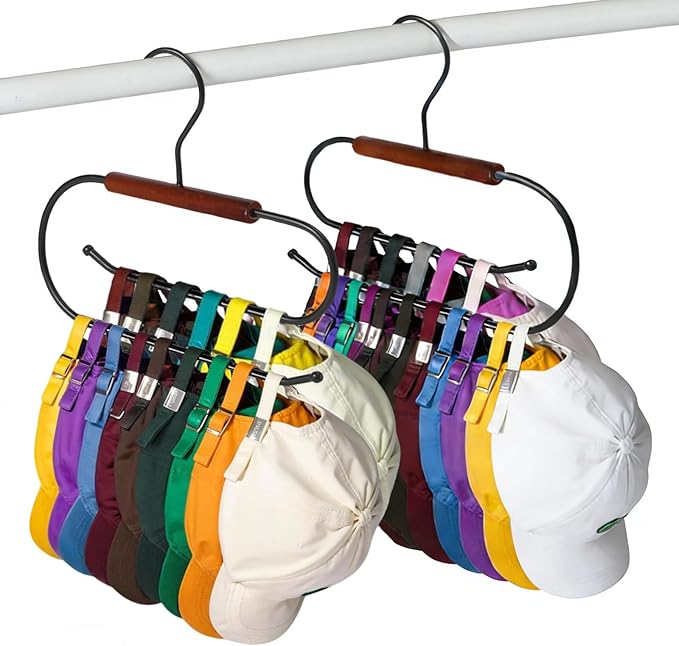 Hat Hangers for Closet, Hat Hanger for Baseball Caps, Double-Layer Rotatable Space-Saving, Versatile Iron-Wood Hat Rack for Home & Dorm Storage, 2 Packs