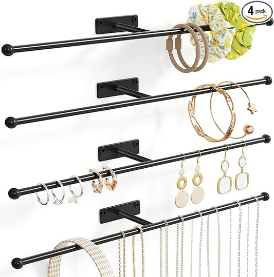 Wall Hanging Jewelry Organizer: 12.6'' Necklace Holder for Earring, Bracelet, Rings, Hairband, Glasses, Black 4-Pack, Screws Included