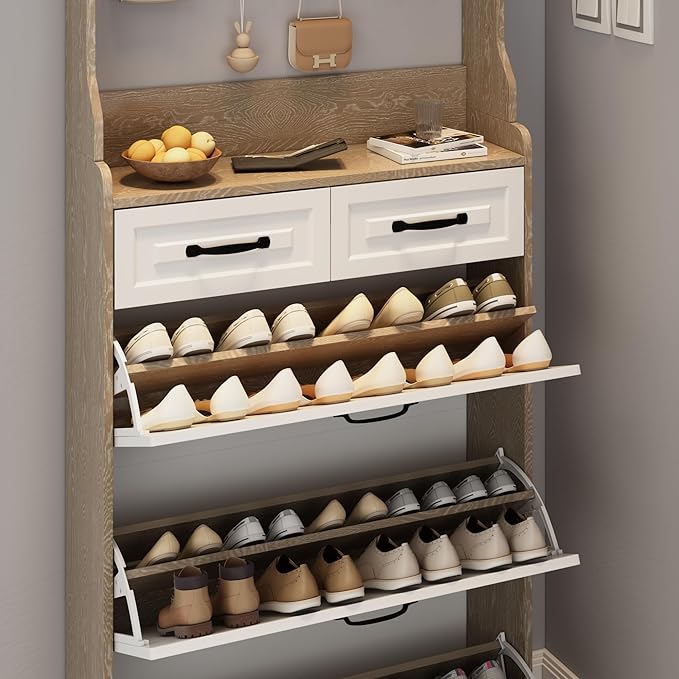 Vibe & Dine Shoe Cabinet, Entryway Shoe Storage Cabinet with 3 Flip Doors and 2 Drawers, 2-in-1 Wooden Shoe Rack Organizer with Coat Hooks for Hallway Cloakroom, Oak Color