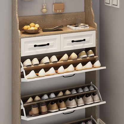 Vibe & Dine Shoe Cabinet, Entryway Shoe Storage Cabinet with 3 Flip Doors and 2 Drawers, 2-in-1 Wooden Shoe Rack Organizer with Coat Hooks for Hallway Cloakroom, Oak Color