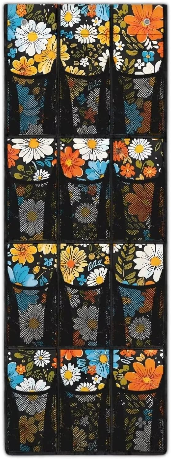 Hippie Flowers Space Saving Hanging Shoe Organizer,Entryway Bedroom Bathroom Storage Bags with 12 Mesh Large Pockets,Unique Print