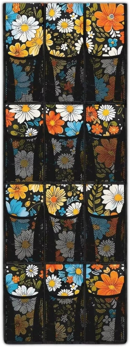 Hippie Flowers Space Saving Hanging Shoe Organizer,Entryway Bedroom Bathroom Storage Bags with 12 Mesh Large Pockets,Unique Print