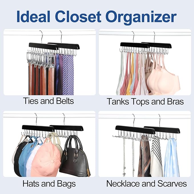 TOPIA HANGER 40 Hooks Belt Tie Hanger Space Saving for Closet, 2 IN 1 Belt Ties Racks Max 60 Belts with 60 Ties Capacity, Curved with Flat Hooks for Belts,Ties,Bras,Closet Organizers and Storage CT70B