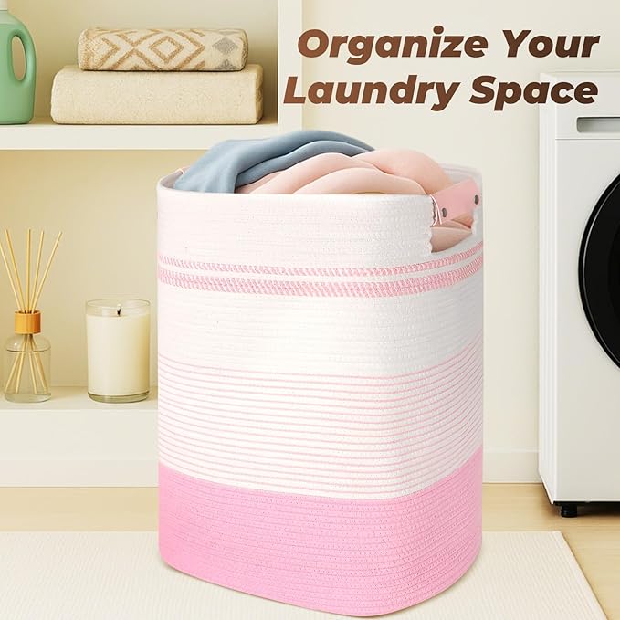AINUOQI Laundry Basket with Handles - Blanket Basket & Hampers for Bedroom Aesthetic, Laundry Hamper & Blanket Storage for Living Room, Clothes Hamper, Tall, Large 17" x 14" x 22”, Pink & White