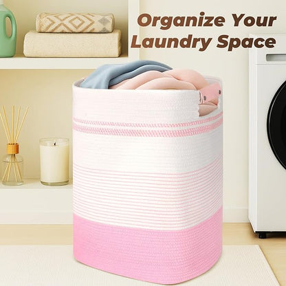 AINUOQI Laundry Basket with Handles - Blanket Basket & Hampers for Bedroom Aesthetic, Laundry Hamper & Blanket Storage for Living Room, Clothes Hamper, Tall, Large 17" x 14" x 22”, Pink & White