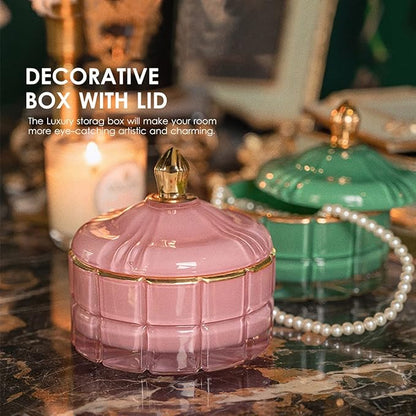 ALAMHI Glass Candy Dish Decorative Bowl, Apothecary Jars with Lids Bathroom Glass Jars for Cotton Ball or Cotton Swab Jewelry Storage Boxes with Lids, Crystal Pink Gifts for Women