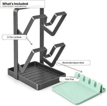 Pot Lid Holder for Countertop with Spoon Rest, Double-Layer Carbon Steel Lid Organizer with Removable Drip Tray, Stove Top Utensil Holder, Includes Silicone Mat