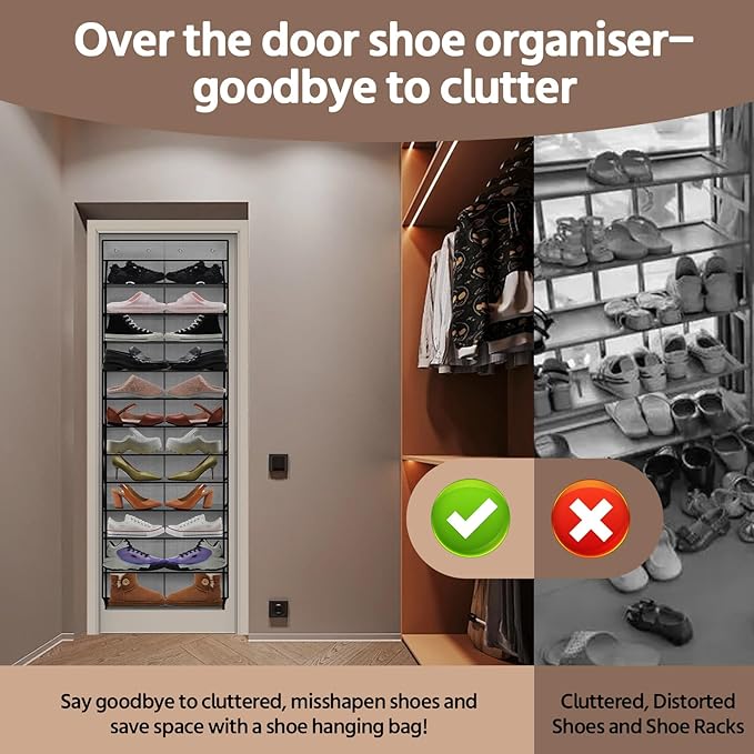 PAULONE 12 Pocket Over the Door Shoe Organizer,Reusable Breathable Large Mesh Bag Men's & Women's Sneaker Organizer,Shoe Organizer for Kids,Hanging Shoe Storage Hanging Bag (Grey)