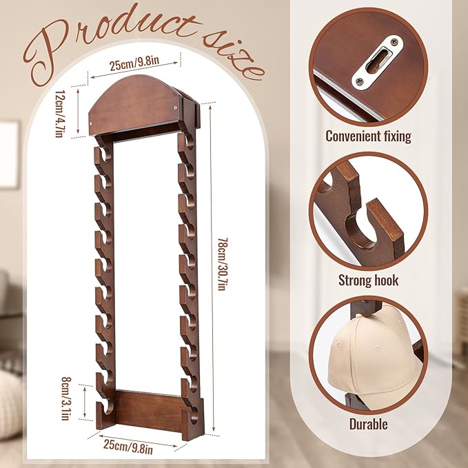 Wonderjune Wooden Hat Racks for Baseball Caps, Wall Mounted Baseball Cap Display Racks, Vertical Hat Storage Organizer, Double Row, 20 Slots for Door Bedroom Living Room Entryroom (12 Drilling Hole)