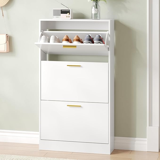 Shoe Cabinet Storage for Entryway, Shoe Cabinet with 3 Flip Drawers, White Modern Shoe Organizer Wood, Freestanding Small Thin Shoe Racks with Doors, White