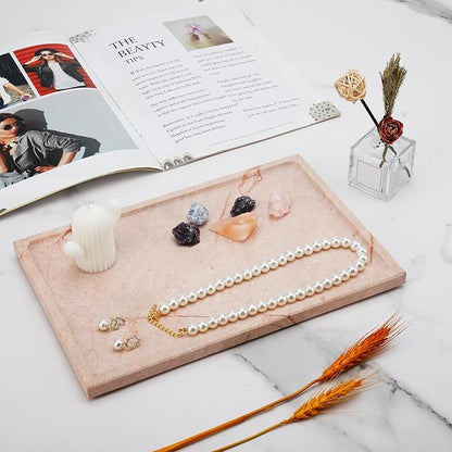 Real Luxurious Natural Marble Tray - 12x8 Inch Marble Vanity Tray for Perfume Display, Jewelry Organizer, Bathroom & Home Decor -Heavy Duty Non-Slip Stone Tray (Non-Resin/Non-Ceramic)（Pink）