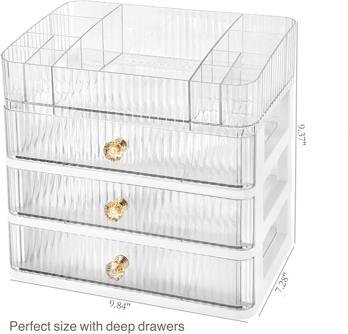 Clear Makeup Organizer with 3 Drawers, Bathroom Organizer and Storage, Ideal for Desk and Dresser Vanity Countertop, Great for Cosmetics, Skincare, Perfume,Toiletry