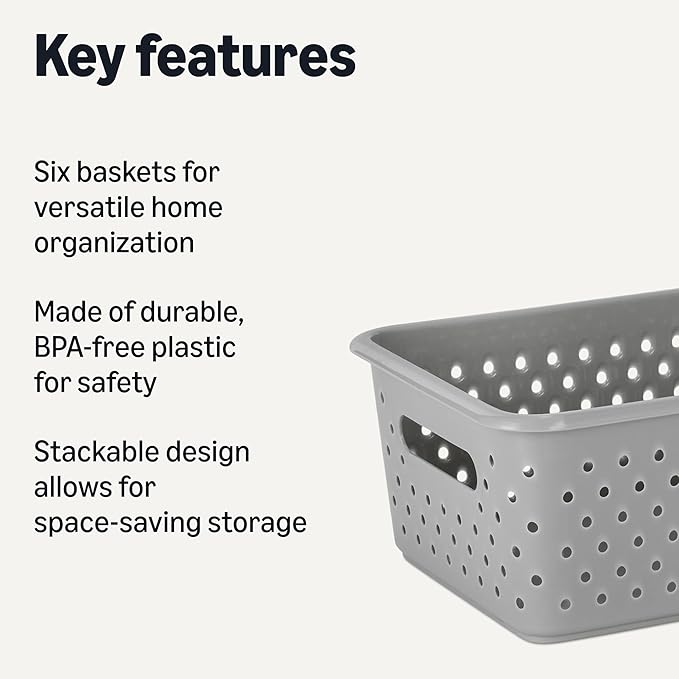 Amazon Basics Decorative BPA-Free Plastic Storage Baskets, 9.9 x 7.4 x 4.16, Grey, Pack of 6