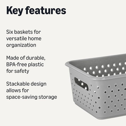 Amazon Basics Decorative BPA-Free Plastic Storage Baskets, 9.9 x 7.4 x 4.16, Grey, Pack of 6