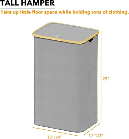 SpaceAid Laundry Hamper with Lid, 110L Large Tall Clothes Basket Bin with Bamboo Handles, Collapsible Laundry Hamper for Bedroom, Bathroom, Dorm, Laundry Room - Light Grey