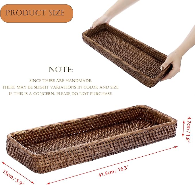Sumnacon 16 Inch Rattan Bathroom Vanity Tray - Decorative Wicker Toilet Tank Tray for Paper Hand Towel,Vintage Storage Basket Bin for Bathroom Kitchen Toilet Tank Vanity Countertop Table Shelf,Brown