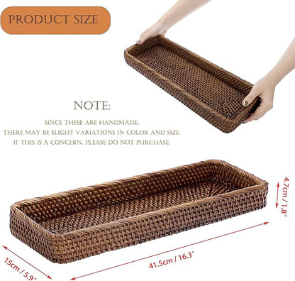 Sumnacon 16 Inch Rattan Bathroom Vanity Tray - Decorative Wicker Toilet Tank Tray for Paper Hand Towel,Vintage Storage Basket Bin for Bathroom Kitchen Toilet Tank Vanity Countertop Table Shelf,Brown