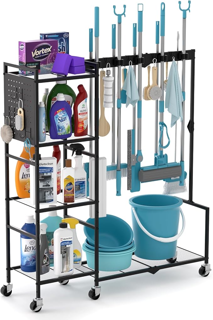 Broom Holder with Cleaning Supplies Organizer, Heavy Duty Janitorial Housekeeping Cart with Mop Clips & Hooks, Home Essentials Broom Closet Storage, Multifunctional Cleaning Cart for Laundry
