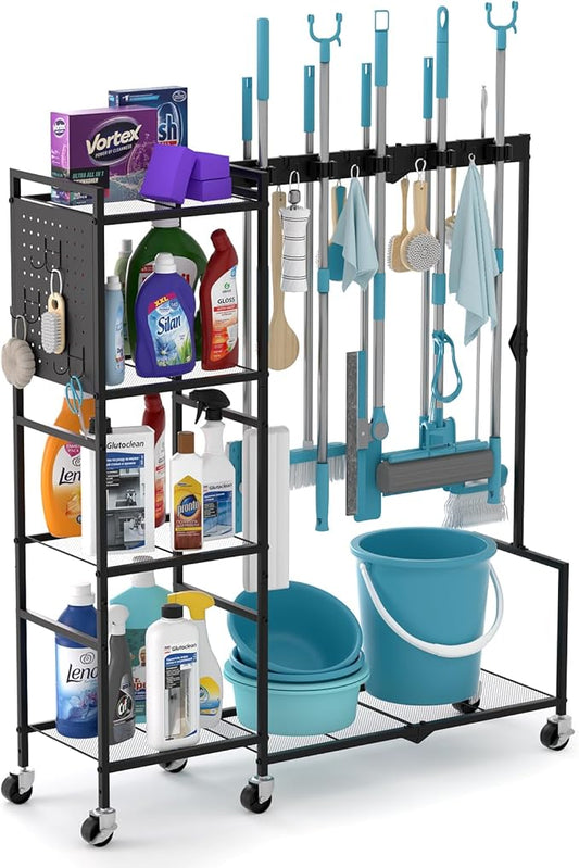 Broom Holder with Cleaning Supplies Organizer, Heavy Duty Janitorial Housekeeping Cart with Mop Clips & Hooks, Home Essentials Broom Closet Storage, Multifunctional Cleaning Cart for Laundry