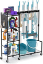 Broom Holder with Cleaning Supplies Organizer, Heavy Duty Janitorial Housekeeping Cart with Mop Clips & Hooks, Home Essentials Broom Closet Storage, Multifunctional Cleaning Cart for Laundry