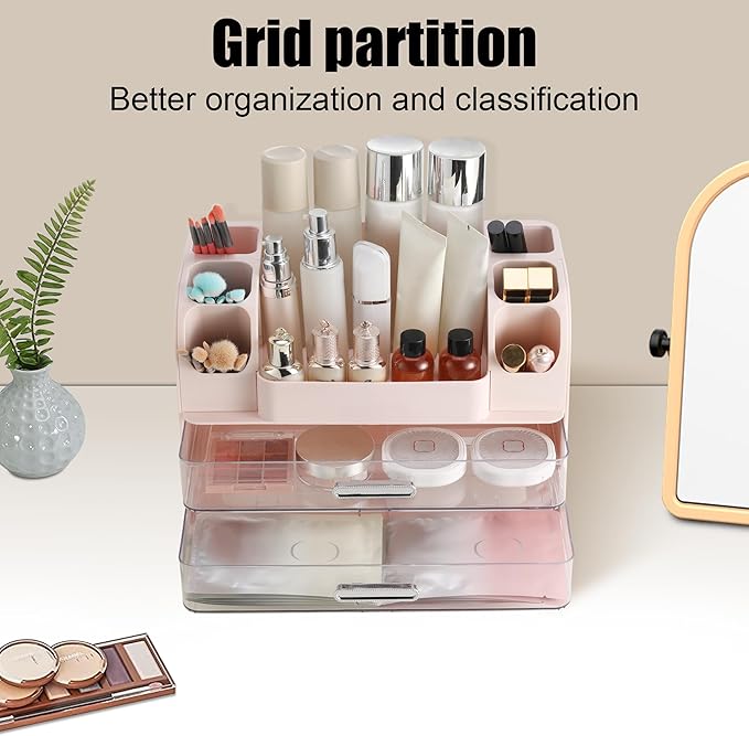 Large Makeup Organizer Countertop with Drawers, Make Up Organizer for Vanity, Makeup Storage Organizer Countertop Makeup Organizers for Skincare, Pink