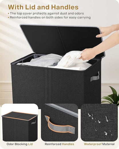 SOLEDI Double Laundry Hamper with Lid, 130L Clothes Hamper 2 Section, Laundry Basket with Removable bag, Bed room decor aesthetic, laundry room organization, Home and dorm room essentials