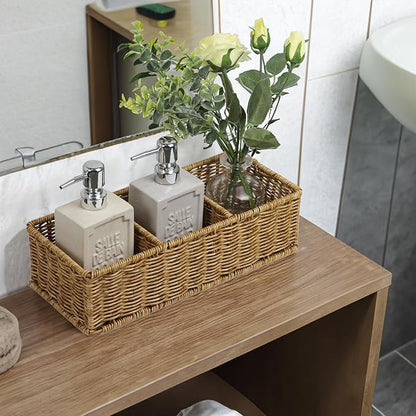 Waterproof Wicker Basket With 3 Compartments, Hand Woven Bathroom Counter Organizer, Small Storage Basket for Toilet Paper Storage, Countertop Shelf Toilet Tank (Light Brown)