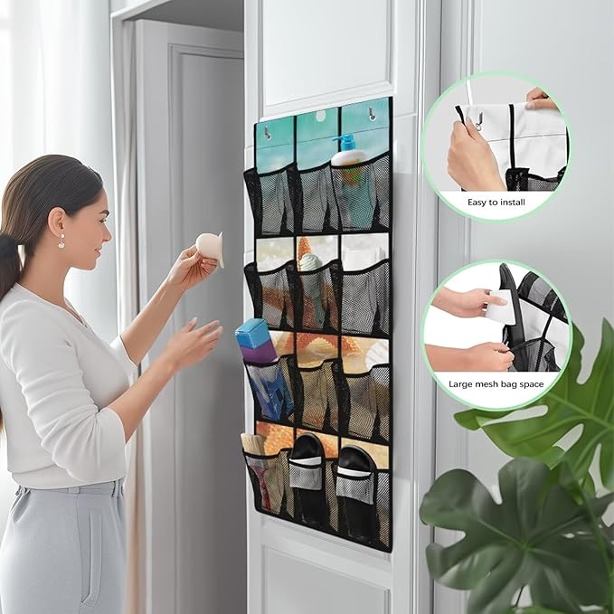 Beach Starfish Over The Door Shoe Organizer, 12 Mesh Pockets Waterproof Hanging Rack for Bathroom Toiletries & Beach Gear, Space Saving for Vacation Homes