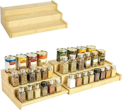 Expandable Bamboo Can Rack Organizer for Pantry, 3-Tier Adjustable Canned Food Storage Holder, Tiered Step Shelf holds up to 24 Cans for Kitchen Cabinet & Countertop