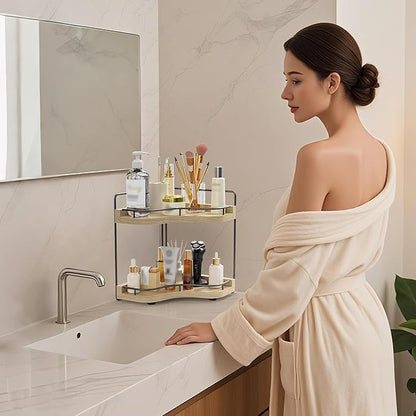 2-Tier Corner Bathroom Counter Organizer with Embedded Screw Holes, Secure & Stable Wood Vanity Shelf for Makeup and Skincare Essentials - Space Saving Bathroom Countertop Storage, ‎‎Light Walnut