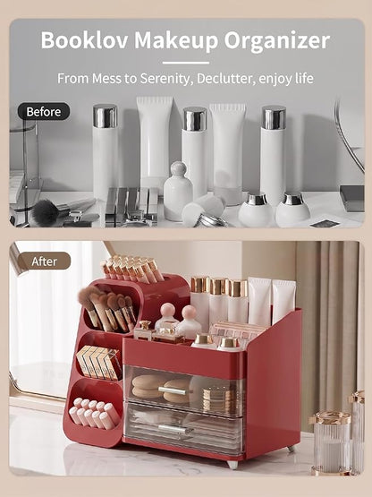 Booklov Makeup Organizer for Vanity, Large Capacity Cosmetic Display Case with Clear Acrylic Drawers, Countertop Beauty Storage Holder for Skincare, Brush Eyeshadow Lipstick, Counter Desk, Crystal Red
