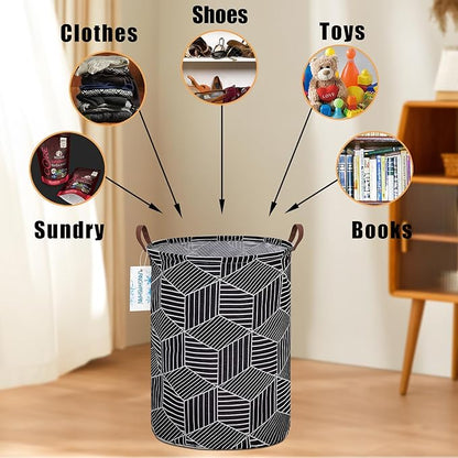 Laundry Basket Canvas Fabric Collapsible Organizer Basket for Storage Bin Toy Bins Gift Baskets Bedroom Clothes Children Nursery Hamper (Black diamond)