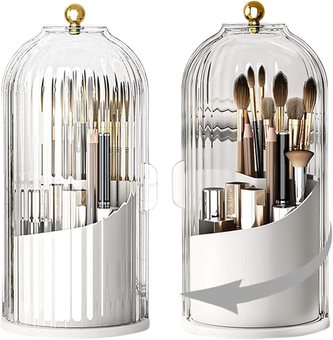 Rotating Toothbrush and Makeup Brush Holder Organizer with Sliding Lid - 3 Slots, 360° Rotating Bathroom Countertop Organizer, Toothbrush and Toothpaste Stand, Sink and Vanity Storage Caddy (White)