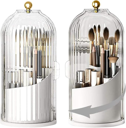 Rotating Toothbrush and Makeup Brush Holder Organizer with Sliding Lid - 3 Slots, 360° Rotating Bathroom Countertop Organizer, Toothbrush and Toothpaste Stand, Sink and Vanity Storage Caddy (White)