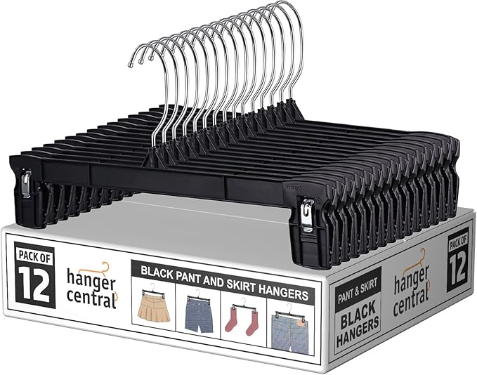 12 Pack Pants Hangers – 12 Inch Slim Plastic Clothes Hangers with Clips for Skirts, Pants, Shorts – Space Saving Heavy Duty Closet Organizer with Non Slip Grip & Swivel Hook – Black