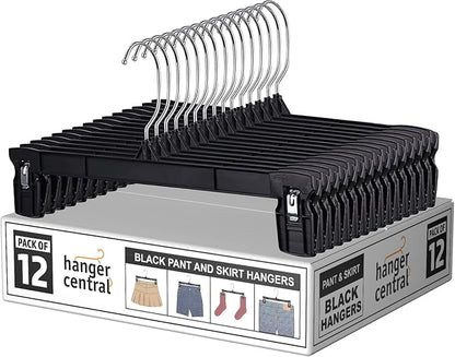 12 Pack Pants Hangers – 12 Inch Slim Plastic Clothes Hangers with Clips for Skirts, Pants, Shorts – Space Saving Heavy Duty Closet Organizer with Non Slip Grip & Swivel Hook – Black