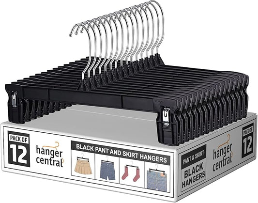 12 Pack Pants Hangers – 12 Inch Slim Plastic Clothes Hangers with Clips for Skirts, Pants, Shorts – Space Saving Heavy Duty Closet Organizer with Non Slip Grip & Swivel Hook – Black