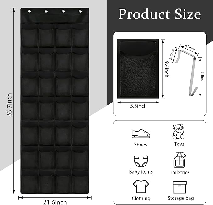 Over the Door Shoe Organizer, 28 Large Breathable Mesh Pockets, Space Saving Hanging Storage, Holds Up to 40 lbs, Hangs on Closets for Shoes, Accessories, Black