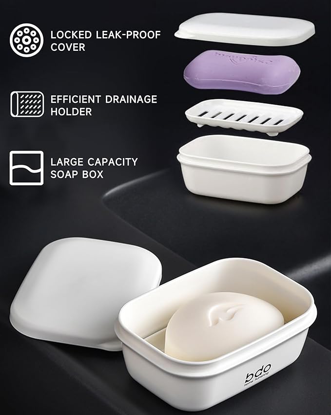 PEISAINOX Travel Soap Case, Leakproof Soap Container with Lid, Portable Bar Soap Holder for Traveling, Soap Dishe for Bathroom, Shower, Gym, School, Camping, Vacation, Outdoor (White)